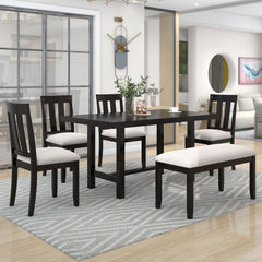 6-Piece Wooden Rustic Style Dining Set with Table, 4 Chairs & Bench (Espresso)