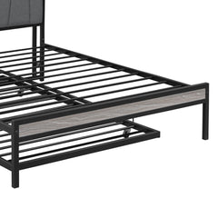 Full Size Metal Platform Bed Frame with Twin Size Trundle, Upholstered Headboard, Sockets, USB Ports and Slat Support, No Box Spring Needed, Black