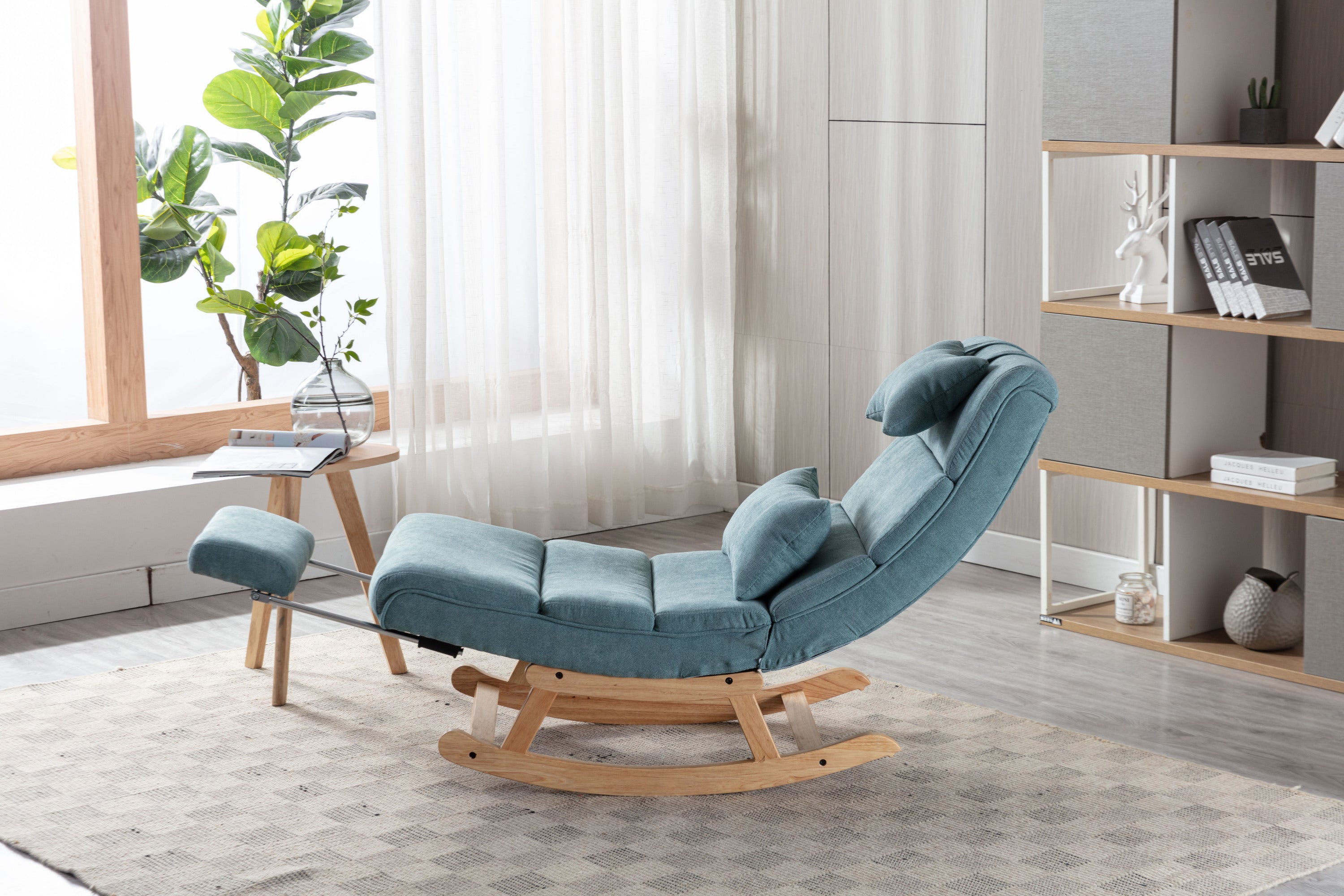 51.37"W Comfortable Rocking Chair with Natural Solid Rubber Wood Legs, Light Blue