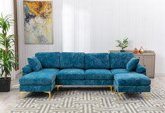 Living Room Sectional Sofa with Chaise Lounge, Ottoman and Pillows, Teal Blue