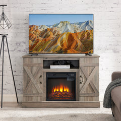 Farmhouse Classic Media TV Stand with 18" Electric Fireplace Insert for TV up to 50" with Open and Closed Storage Space, Gray Wash