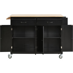 54.3" Kitchen Island Cart with Solid Wood Top, Locking Wheels, 4 Door Cabinets, Two Drawers, Spice Rack & Towel Rack, Black