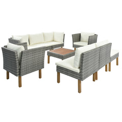 9-Piece Outdoor Gray Rattan Sofa Set with Wood Legs, Acacia Wood Tabletop, Armrest Chairs with Beige Cushions