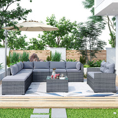 9-piece Outdoor Sectional Sofa Set with Glass Tabletop and Cushions, Gray