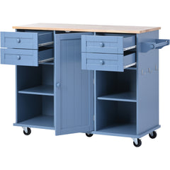 52.8" Width Kitchen Island Cart with Spice Rack, Towel Rack, Drawer, Rubber Wood Desktop & 5 Wheels Including 4 Lockable Wheels, Blue