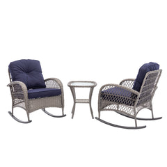 3 Pcs Patio Wicker Rocking Chair Set With Coffee Table and Cushions