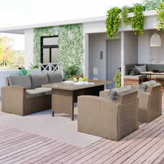 4-Piece Outdoor Conversation Set Wicker Furniture Sofa Set with Grey Cushions