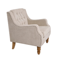 NOBLEMOOD Accent Chair with Vintage Brass Studs and Wood Legs, Button Tufted Upholstered Armchair, Beige