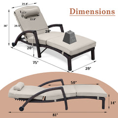 Patio Chaise Lounge Chairs Poolside Lounger w/ 5 Reclining Positions & Wheels, Light Grey Cushion