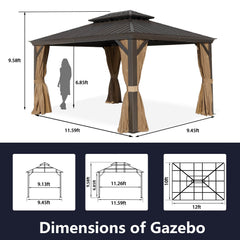 10'x12' Hardtop Gazebo Galvanized Steel Double-Roof Gazebo w/ Netting & Curtain, Brown