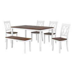6-Pieces Farmhouse Rustic Dining Table Set with Cross Back 4 Chairs & Bench, White+Cherry