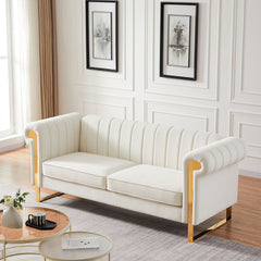 83" Modern Velvet Upholstered Sofa Couch with Gold Stainless Steel Legs, Beige