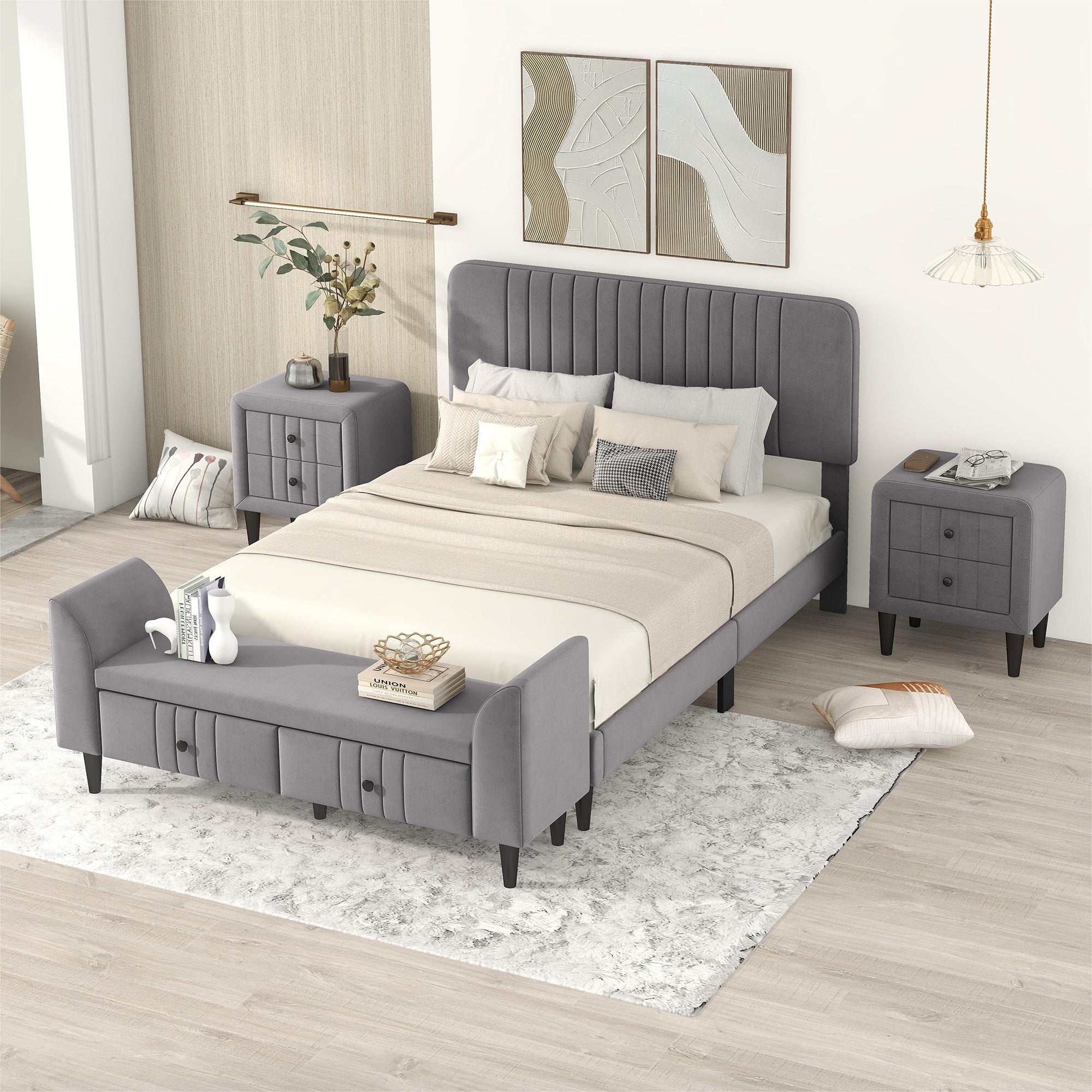 4-Pieces Bedroom Sets Full Size Upholstered Platform Bed with Two Nightstands and Storage Bench-Gray