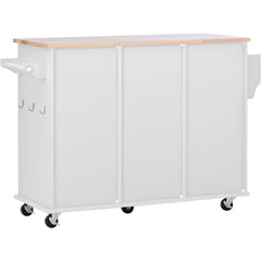 52.8" Width Kitchen Island Cart with Spice Rack, Towel Rack, Drawer, Rubber Wood Desktop & 5 Wheels Including 4 Lockable Wheels, White