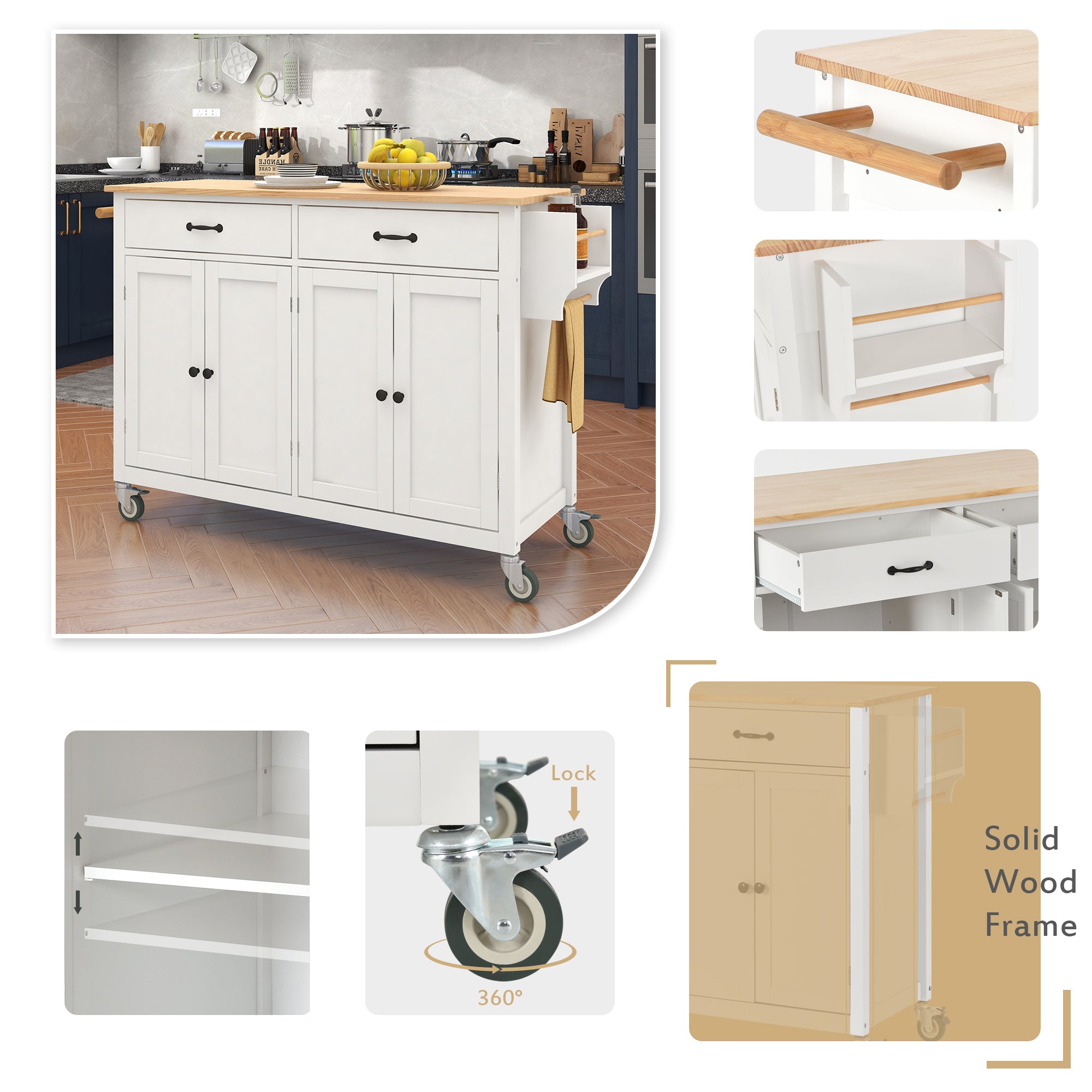 54.3" Kitchen Island Cart with Solid Wood Top, Locking Wheels, 4 Door Cabinets, Two Drawers, Spice Rack & Towel Rack, White