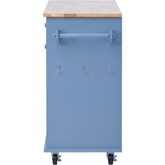 52.8" Width Kitchen Island Cart with Spice Rack, Towel Rack, Drawer, Rubber Wood Desktop & 5 Wheels Including 4 Lockable Wheels, Blue