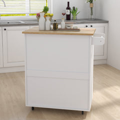 Kitchen Island Rolling Trolley Cart with Towel Rack & Rubber Wood Table Top, White