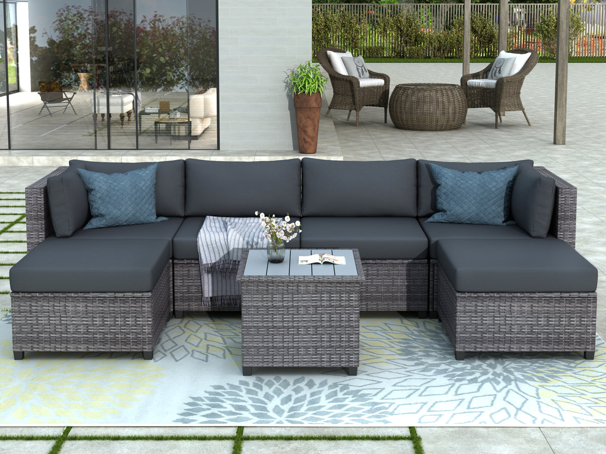 7 Piece Outdoor Rattan Sectional Sofa with Cushions