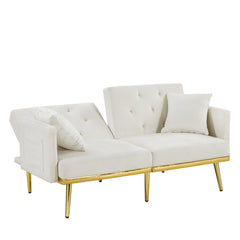 Velvet Sofa Couch Bed with Reclining Backrest and Throw Pillow, Cream White