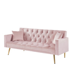 Convertible Futon Sofa Bed with Adjustable Backrest, Gold Metal Legs, Pink