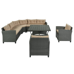 6-Piece Outdoor Wicker Sofa Set, Patio Rattan Dinning Set with Thick Cushions and Pillows, Plywood Table Top, Beige Cushion