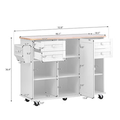 52.8" Width Kitchen Island Cart with Spice Rack, Towel Rack, Drawer, Rubber Wood Desktop & 5 Wheels Including 4 Lockable Wheels, White