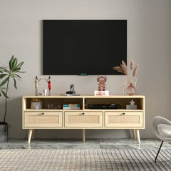 Rattan TV Stand with Solid Wood Feet & TV Console Table, Oak
