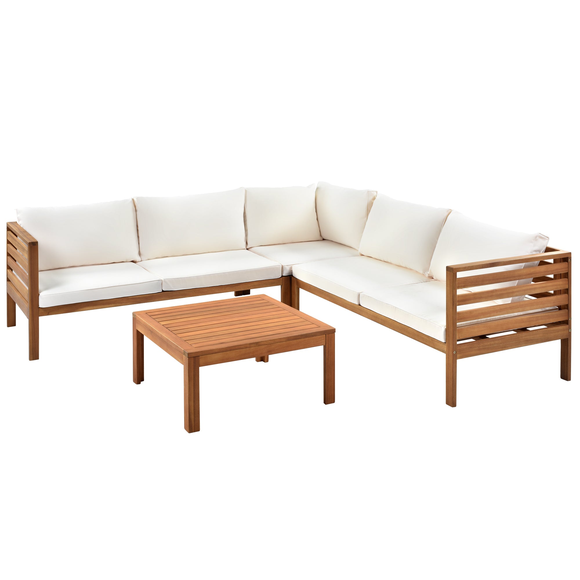 Outdoor Wood Sofa Set with Beige Cushions, Water-Resistant & UV Protected Texture, Coffee Table