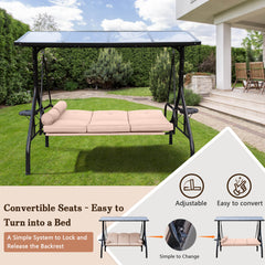 3-Seat Outdoor Porch Swings with Adjustable PC Canopy, 3 Cushions, 2 Foldable Cup Holders & 4 Pillows, Khaki