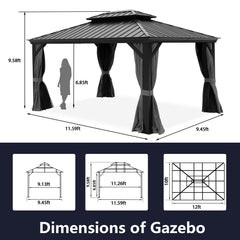 10'x12' Hardtop Gazebo Galvanized Steel Double-Roof Gazebo w/ Netting & Curtain, Black