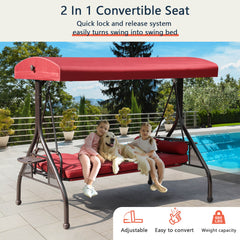 3-Seat Outdoor Porch Swing Chair with Adjustable Canopy, 2 Foldable Side Trays, 3 Cushions & 2 Pillows, Wine Red
