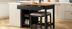 45" Stationary Rubber Wood Kitchen Island Set with 2 Chairs, 2 Shelves & 3 Drawers, Black