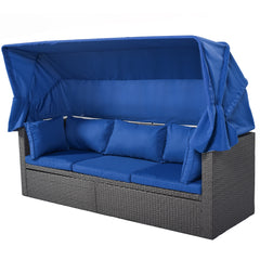 Outdoor Sectional Daybed with Retractable Canopy, Blue Cushions, Lifttop Coffee Table