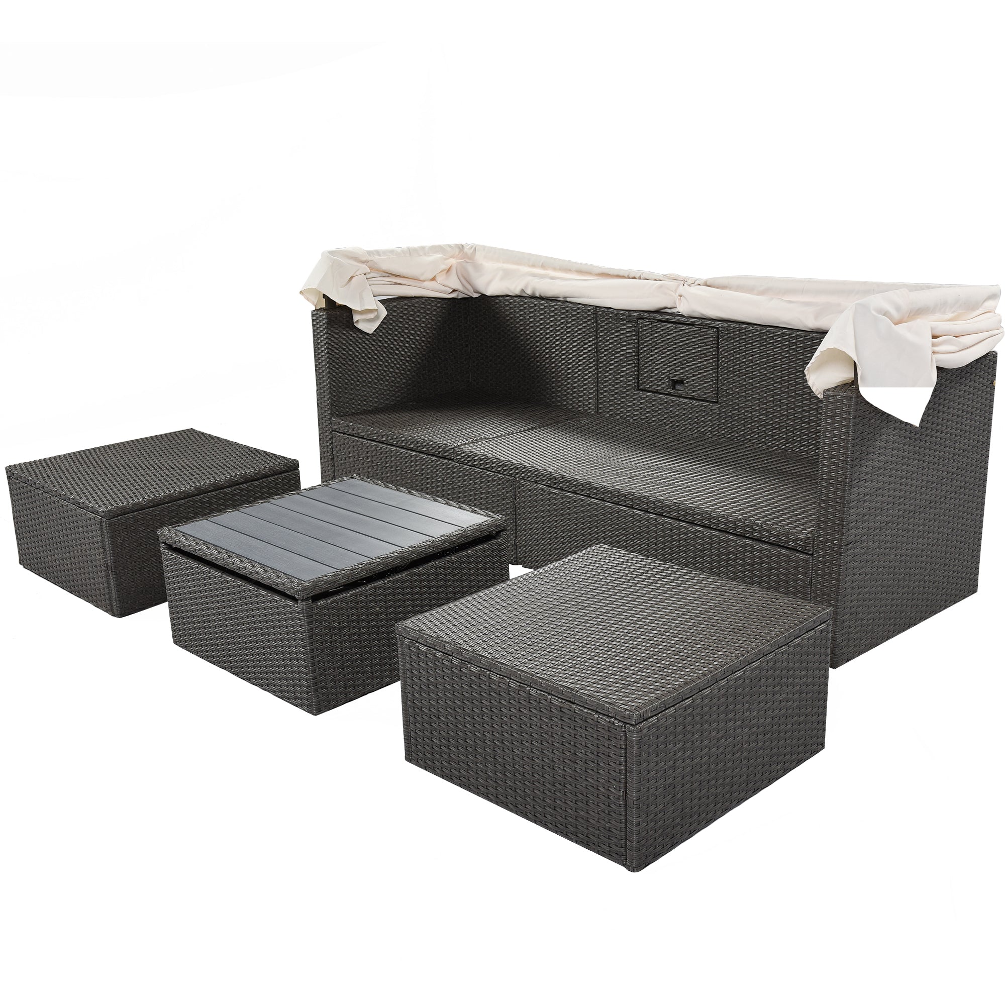 Outdoor Rectangle Daybed with Retractable Canopy, Cushions, Lifttop Coffee Table