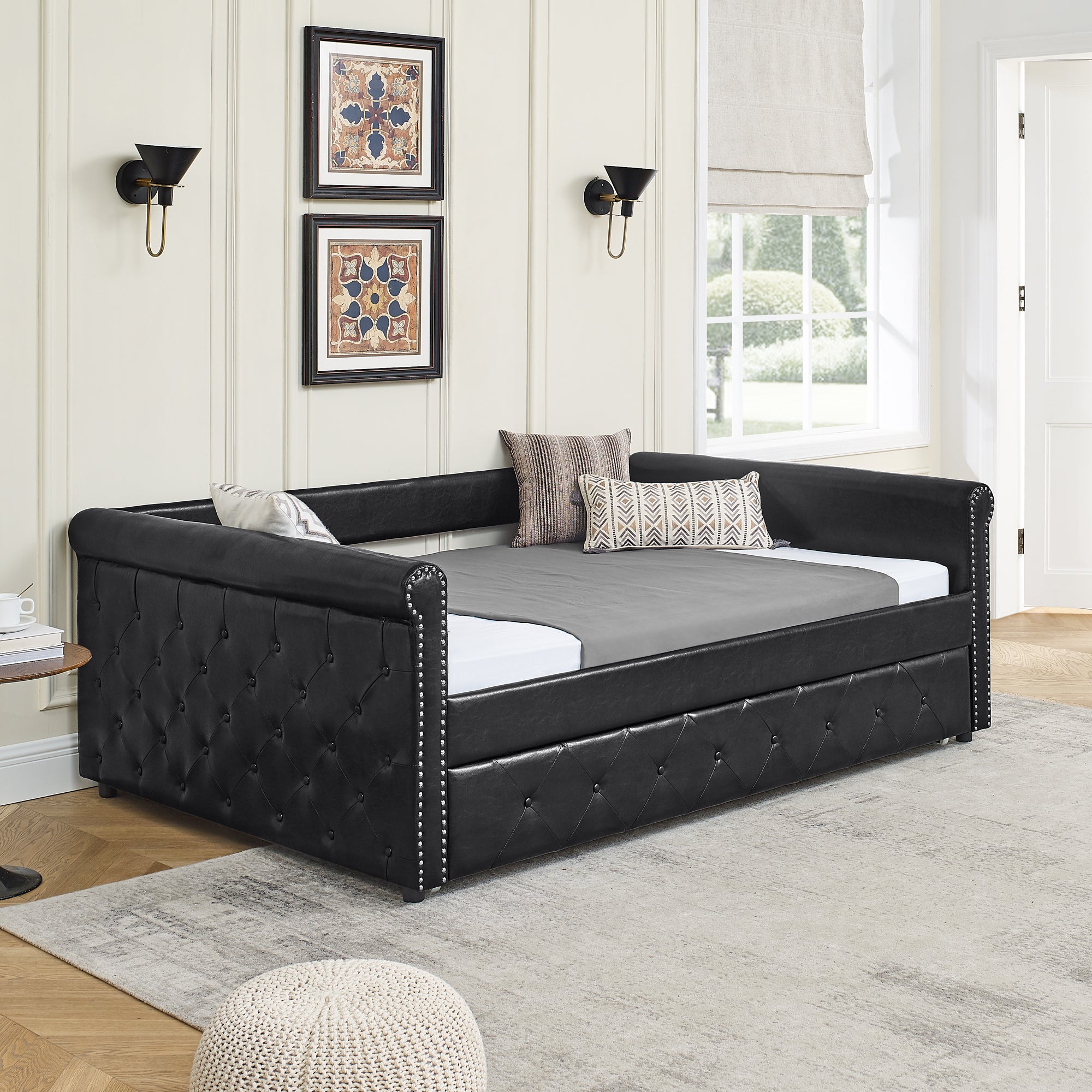 NOBLEMOOD Full Daybed with Twin Trundle Upholstered Tufted Sofa Bed, Black PU Leather