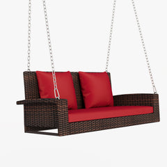 2-Seat Wicker Hanging Porch Swing Bench with Chains, Red Cushion & Pillow