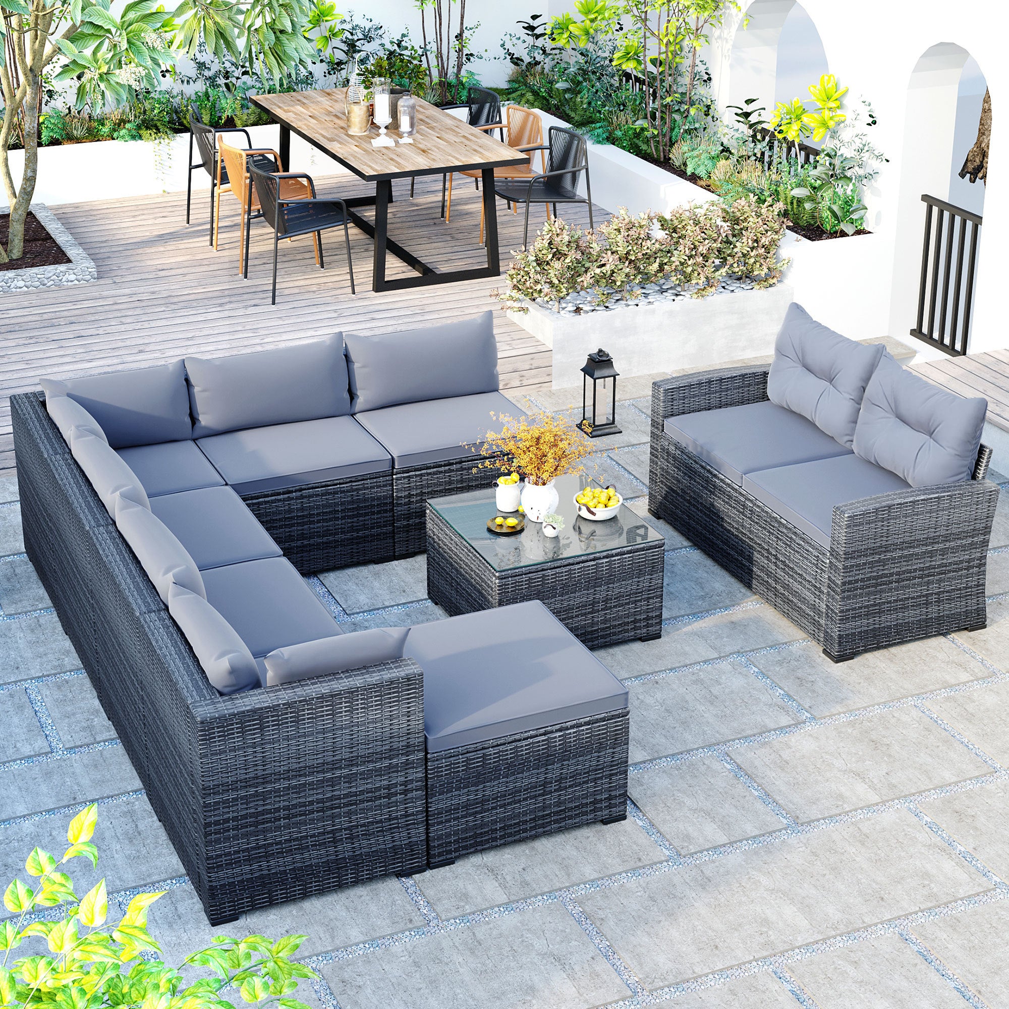 9-piece Outdoor Sectional Sofa Set with Glass Tabletop and Cushions, Gray