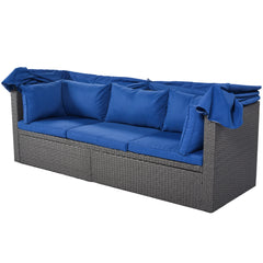 Outdoor Sectional Daybed with Retractable Canopy, Blue Cushions, Lifttop Coffee Table