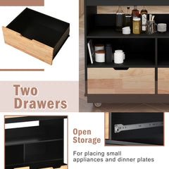 Rolling Mobile Kitchen Island with Solid Wood Top, 2 Drawers & Tableware Cabinet, Black