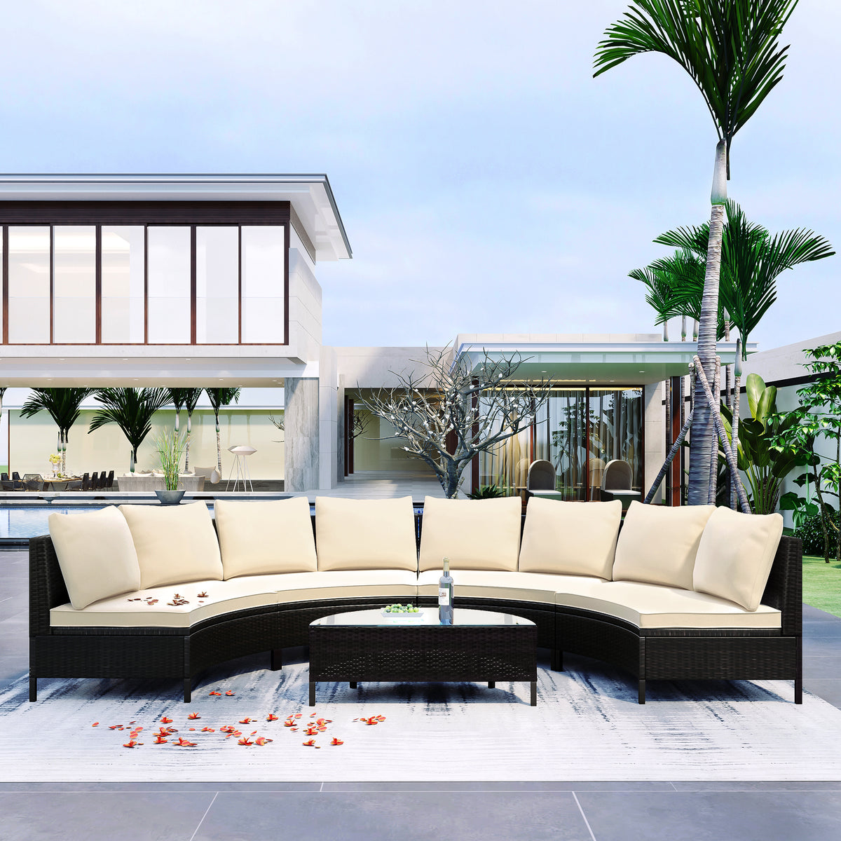 5 Pieces All-Weather Brown PE Rattan Sofa Half-Moon Sofa Set with Tempered Glass Table, Beige