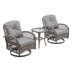 3 Pcs Outdoor Wicker Swivel Chair Set With Coffee Table and Gray Cushions