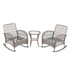 3 Pcs Patio Wicker Rocking Chair Set With Coffee Table and Cushions