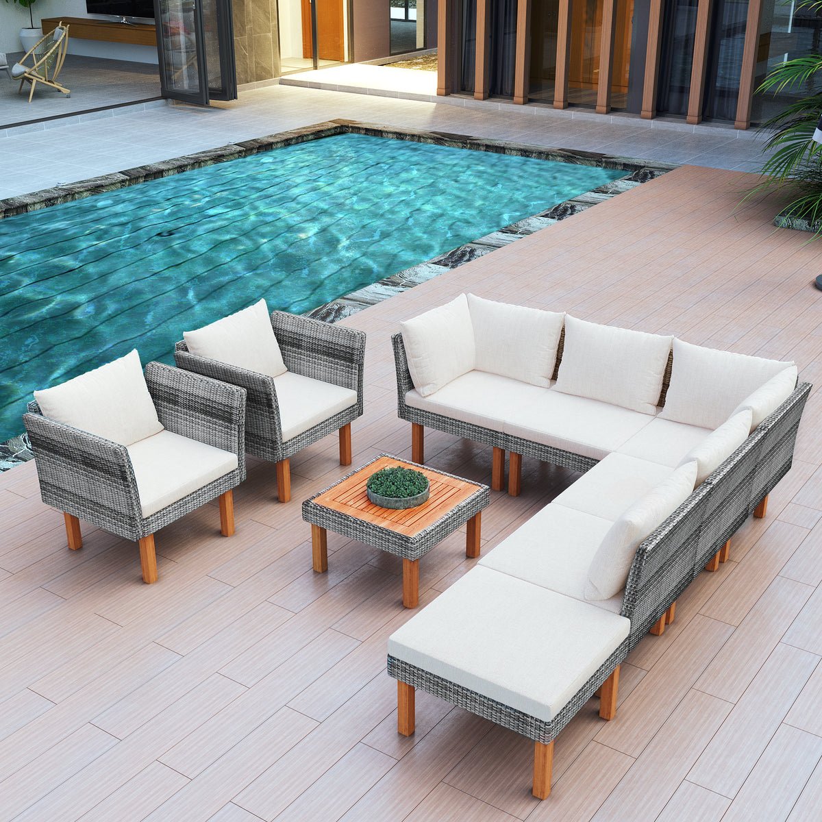 9-Piece Outdoor Gray Rattan Sofa Set with Wood Legs, Acacia Wood Tabletop, Armrest Chairs with Beige Cushions