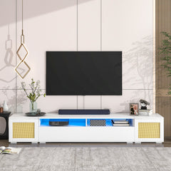 Rattan Style TV Stand with Push to Open Doors, 3-pics Extended TV Console Table & Color Changing LED Lights for TVs Up to 90”, White