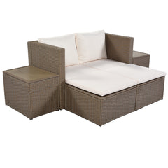 6-Piece Outdoor Rattan Sectional Sofa Set with 2 Tea Tables, Brown Wicker+Beige Cushion