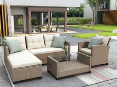4 Piece Outdoor Wicker Sectional Sofa with Beige Cushion, Brown Rattan