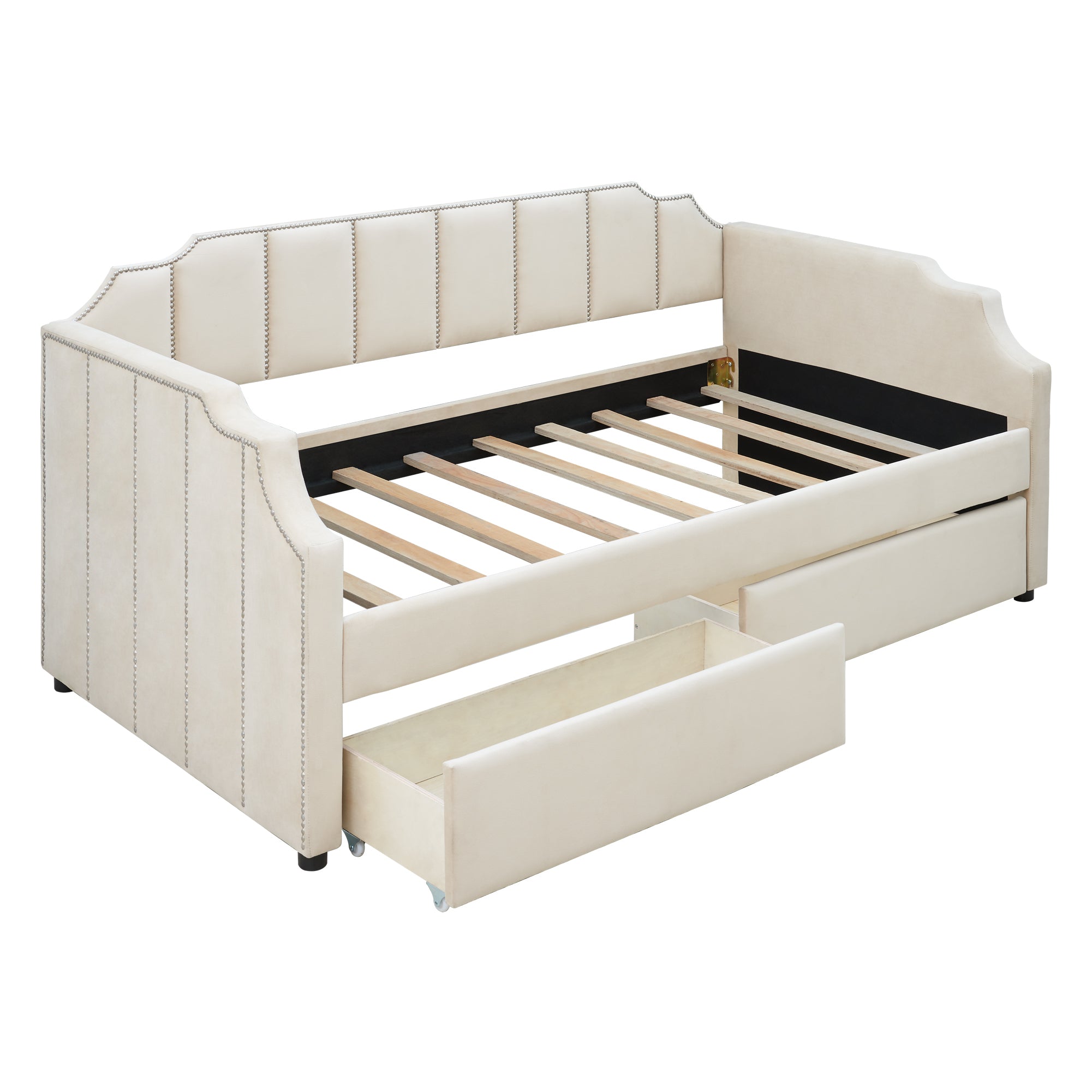 NOBLEMOOD Twin Size Upholstered Daybed with Two Storage Drawers for Kids Bedroom,Solid Wooden Bedframe w/Strong Wood Slat Support & Safety Guardrails, Beige