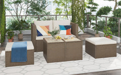 6-Piece Outdoor Rattan Sectional Sofa Set with 2 Tea Tables, Brown Wicker+Beige Cushion