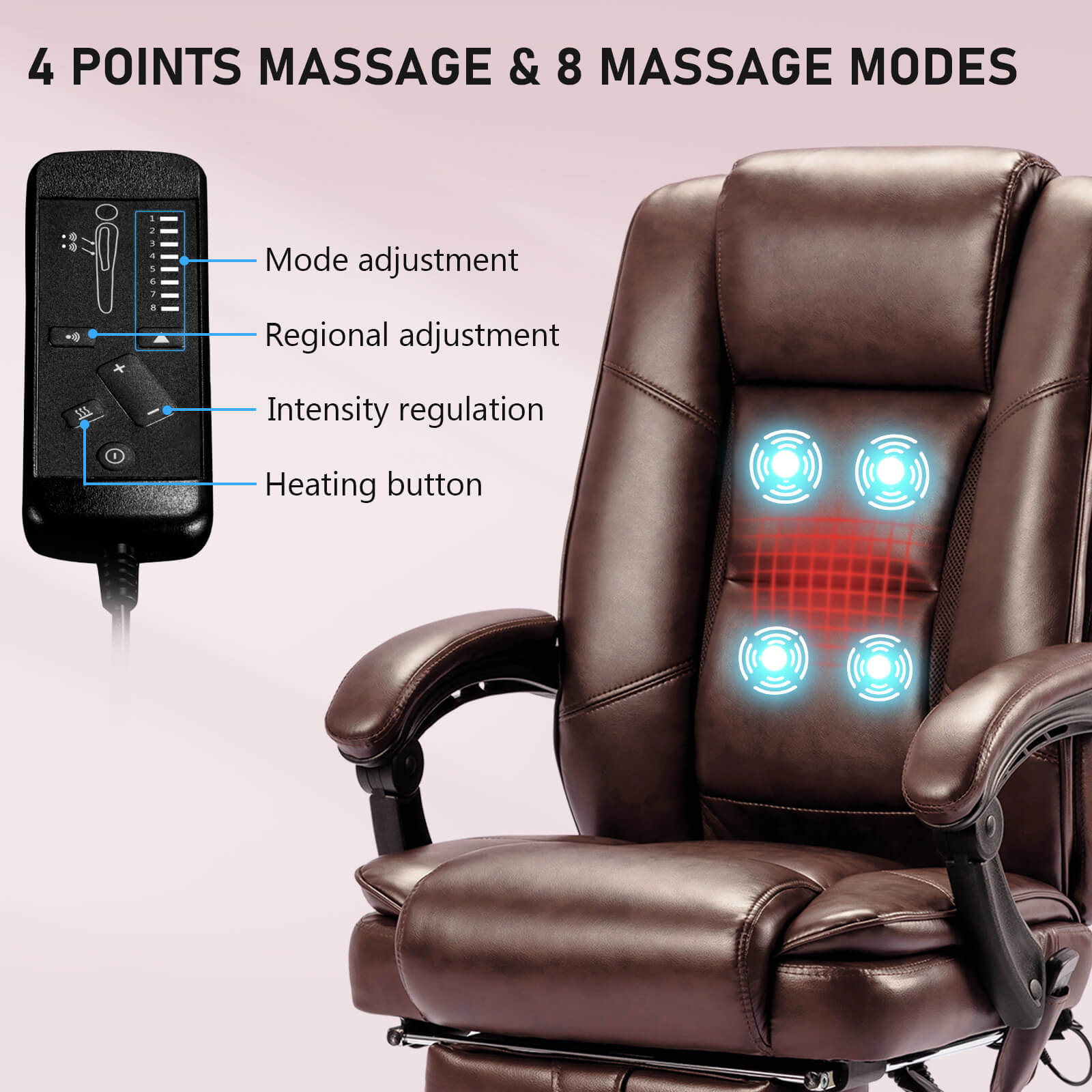 4-Point Massage Ergonomic Office Chair with Heating, Reclining Backrest, Retractable Footrest & Pillow, Brown