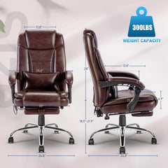 4-Point Massage Office Chair with Heating, Reclining Backrest, Retractable Footrest & Lumber Support Pillow, Brown